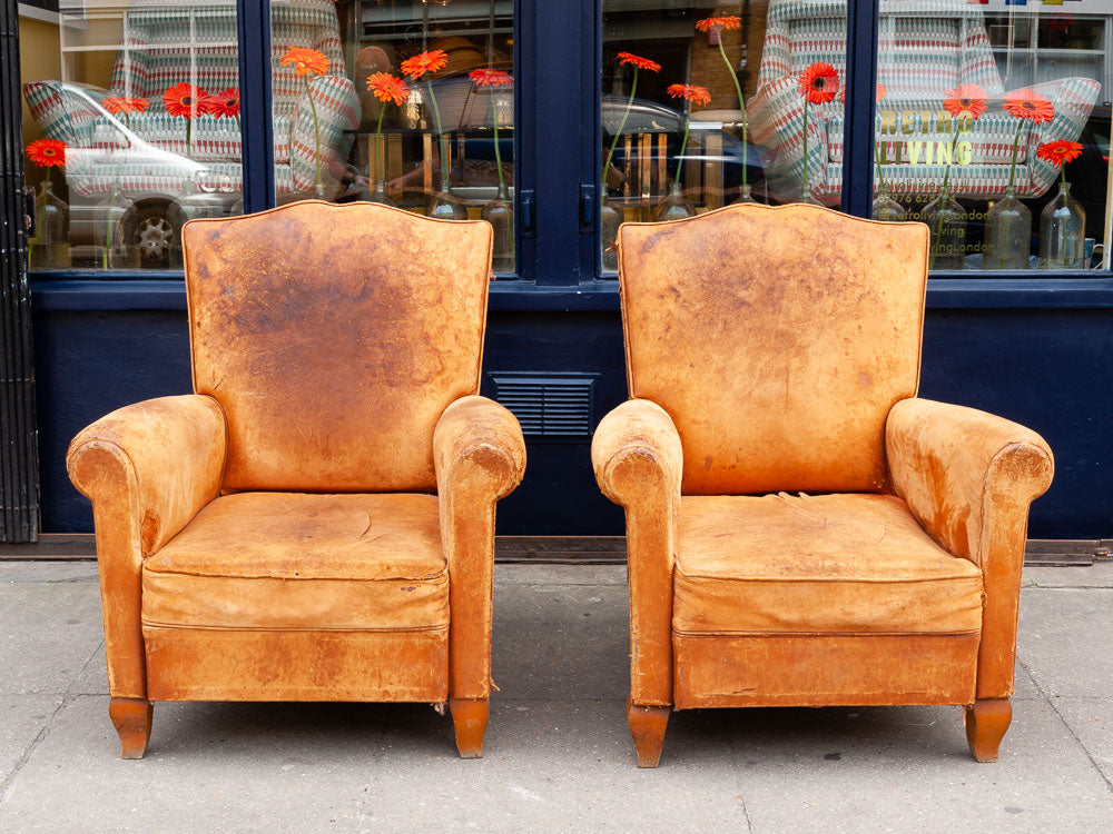 Pair of 1950's Moustache Back French Leather Club Chairs – retro