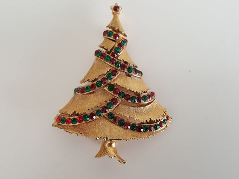 Vintage 1960s Christmas Tree with Red and Green Rhinestone Brooch