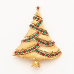 Vintage 1960s Christmas Tree with Red and Green Rhinestone Brooch