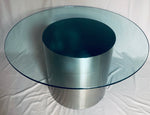 1970s Polished Stainless Steel Cylinder & Glass Circular Dining Table Brueton Style