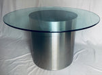 1970s Polished Stainless Steel Cylinder & Glass Circular Dining Table Brueton Style