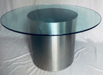 1970s Polished Stainless Steel Cylinder & Glass Circular Dining Table Brueton Style