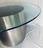 1970s Polished Stainless Steel Cylinder & Glass Circular Dining Table Brueton Style