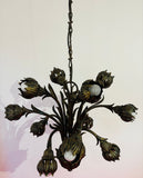 1970s German Cast Iron Faux Bronze 12 Light Chandelier