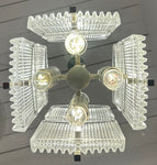 1970s German Square Ribbed Glass & Chrome Ceiling Light