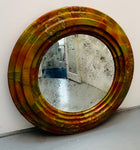 Antiqued Glass Round Gold Fabric Framed Wall Mirror