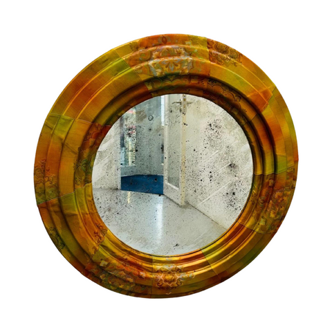 Antiqued Glass Round Gold Fabric Framed Wall Mirror