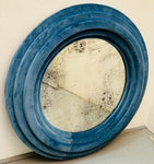 Antiqued Glass Round Pale Blue Velvet Wall Mirror
