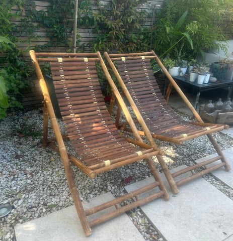 Pair of 1980s Italian Bamboo Deck Chairs or Sun Loungers