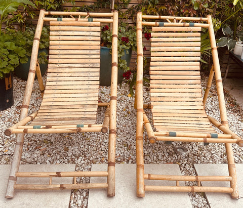Pair of 1980s Rustic Italian Golden Bamboo Deck Chairs or Sun Loungers
