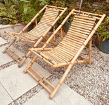 Pair of 1980s Rustic Italian Golden Bamboo Deck Chairs or Sun Loungers