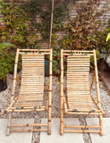 Pair of 1980s Rustic Italian Golden Bamboo Deck Chairs or Sun Loungers