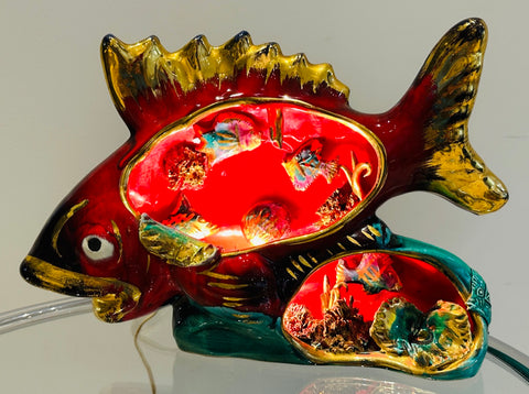 Vintage French Vallauris Ceramic Glazed Fish Table Lamp