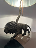 1910 Antique Spelter Prowling Lion Table Lamp inc Shade