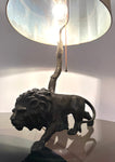1910 Antique Spelter Prowling Lion Table Lamp inc Shade