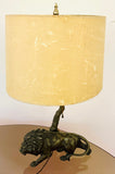 1910 Antique Spelter Prowling Lion Table Lamp inc Shade