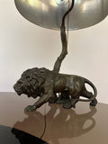 1910 Antique Spelter Prowling Lion Table Lamp inc Shade