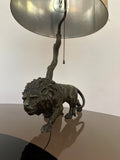 1910 Antique Spelter Prowling Lion Table Lamp inc Shade