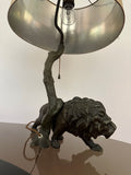 1910 Antique Spelter Prowling Lion Table Lamp inc Shade