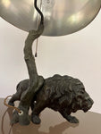 1910 Antique Spelter Prowling Lion Table Lamp inc Shade