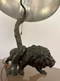 1910 Antique Spelter Prowling Lion Table Lamp inc Shade