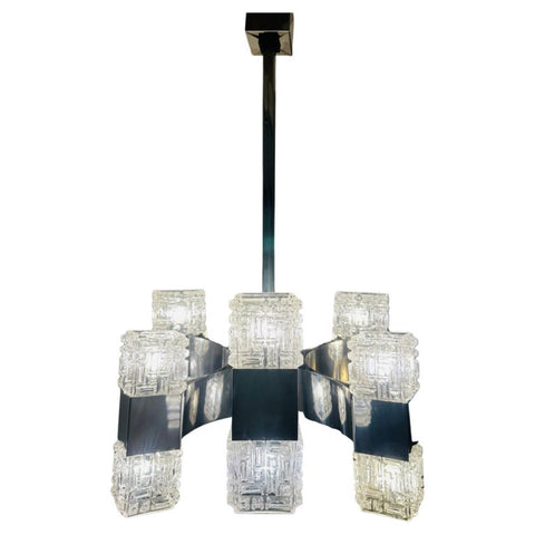 1960s Italian Sciolari Chrome & Geometric Glass Chandelier