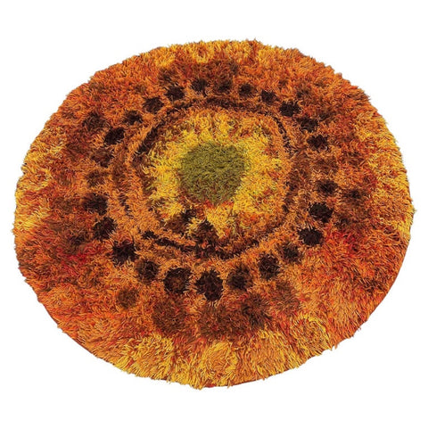 1960s English Circular Shagpile Rya Sun Design Rug