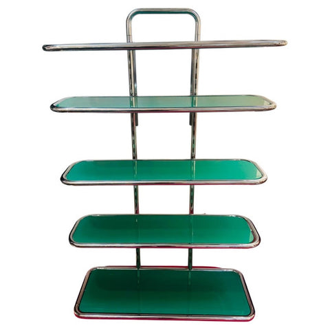 1970s 5-Shelf Tubular Chrome and Green Perspex Shelving Unit