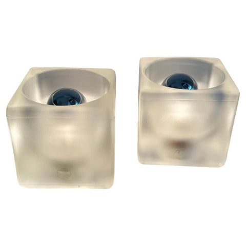 Pair of 1970s German Putzler Frosted Cubed Glass Table Lamps