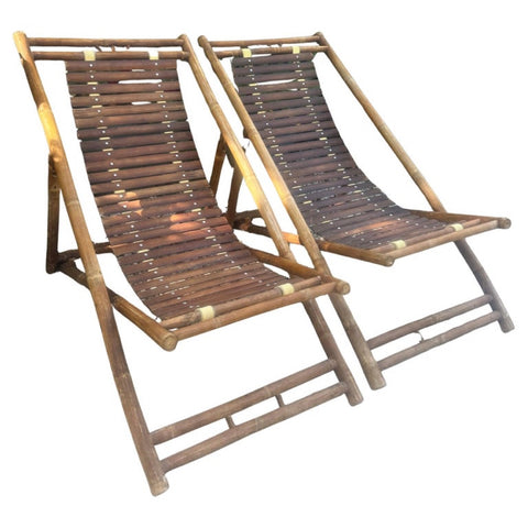 Pair of 1980s Italian Bamboo Deck Chairs or Sun Loungers