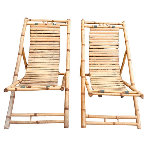 Pair of 1980s Rustic Italian Golden Bamboo Deck Chairs or Sun Loungers