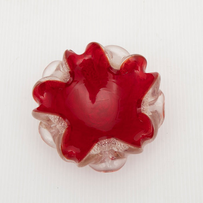 Murano Red and Silver Flecks Art Glass Flower Bowl or Ashtray