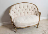 19th Century French Painted Button Backed Linen Two-Seat Carved Curved Sofa