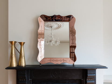 VINTAGE FRENCH BRONZE AND CLEAR GLASS ETCHED MIRROR