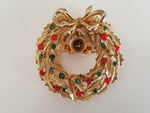 1960s ART Christmas Wreath Brooch with Bells and a Bow