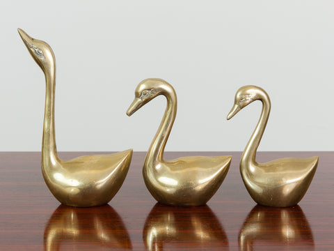 VINTAGE BRASS SWAN FAMILY PAPERWEIGHT SET