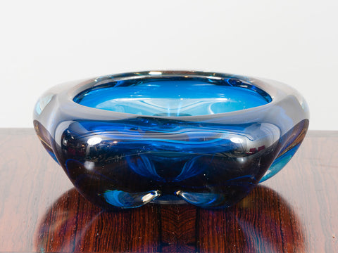 Large Vintage Blue and Clear Polygon Glass Bowl or Ashtray