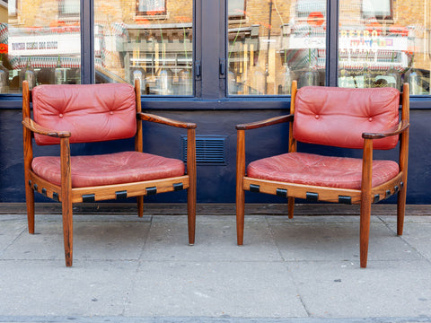 Pair of 1960's Ire Mobler Skillingaryd Leather and Rosewood Swedish Armchairs