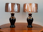Pair of Belgium Brown Glazed Ceramic Lamps including shades