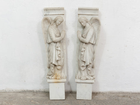 Pair of White Marble Angel Sculptures
