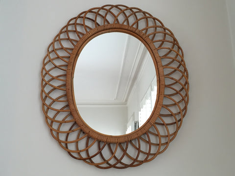 1960s Oval Sunburst Rattan Mirror