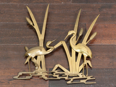 Vintage Brass Wall Sculpture of Herons in Marshland