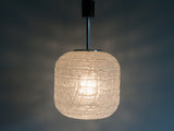 1970s Large Crackle Glass and Chrome Cylindrical Pendant by Doria