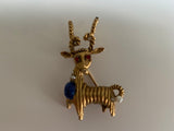 Vintage Blue Stone and Striped Reindeer Brooch