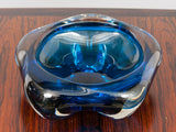 Large Vintage Blue and Clear Polygon Glass Bowl or Ashtray