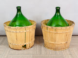 Large French Antique Emerald Green Demi-John in a Wooden Basket