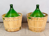 Large French Antique Emerald Green Demi-John in a Wooden Basket