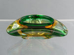 MIDCENTURY MURANO GREEN AMBER GLASS TRIANGULAR ASHTRAY