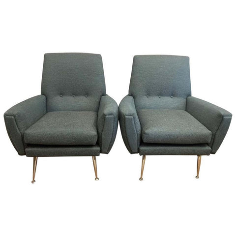Pair of Vintage Italian 1950s Armchairs in Teal Fabric
