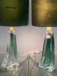 Pair of Val St Lambert Dark Green Crystal Table Lamps